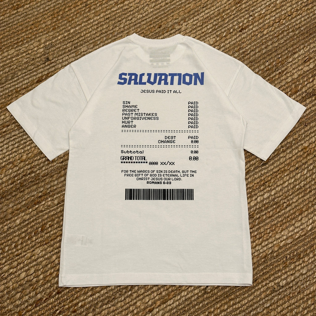 Back view of a baggy embroidered t-shirt with a unique salvation graphic design and text details.