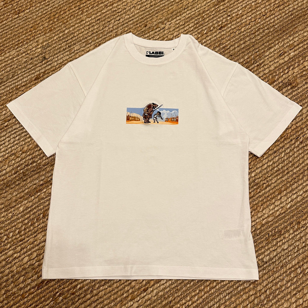 OVERSIZED Embroidered T-shirt featuring a design inspired by the story of David and Goliath.